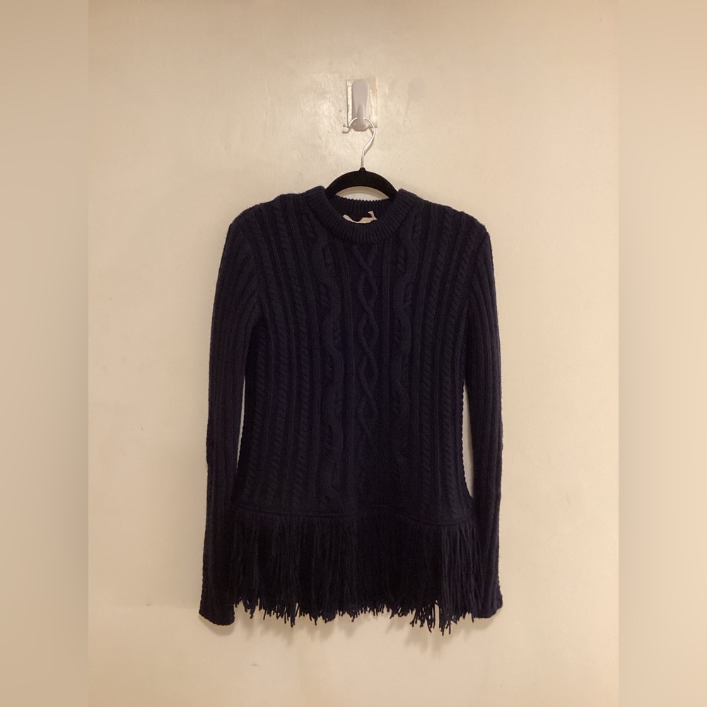Black Tory Burch Valero Fringe cable knit mockneck fisherman Sweater - Picture 2 of 8